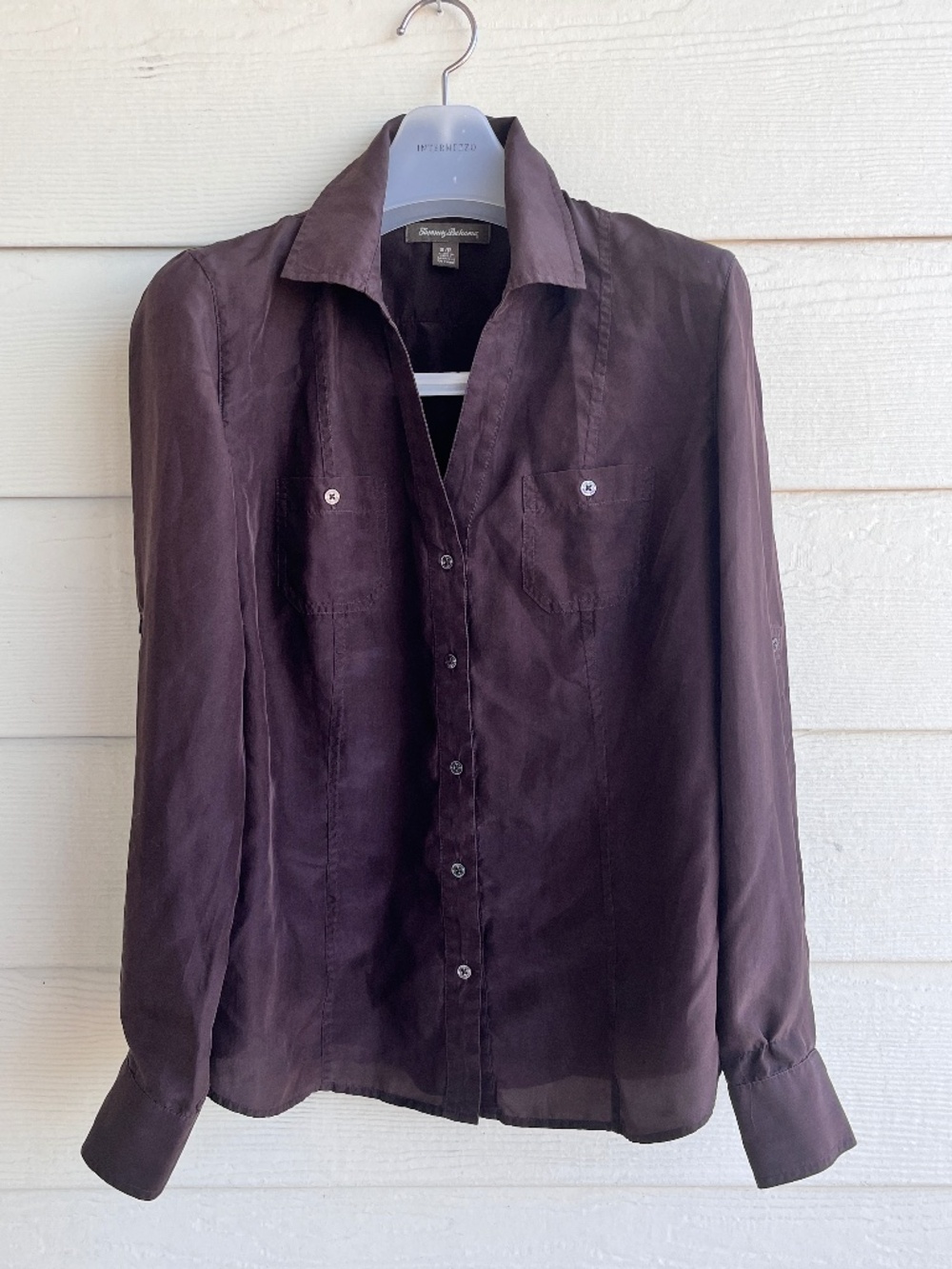 Tommy Bahama 100% Silk Long Sleeve Button Front Shirt Brown Women’s Size M